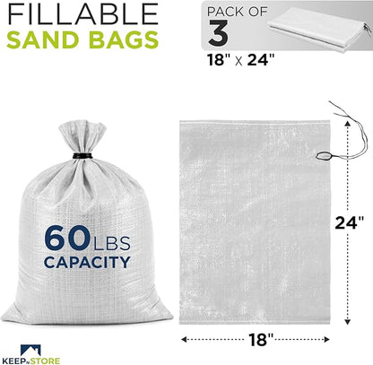 Heavy Duty Sand Bags Pack of 3, White Empty Sandbags with Built-In Ties, Woven Polypropylene UV Protection 1600 Hours, Fillable Bags for Flood Control, Weight, 18x24 inches, 60 Pounds Volume