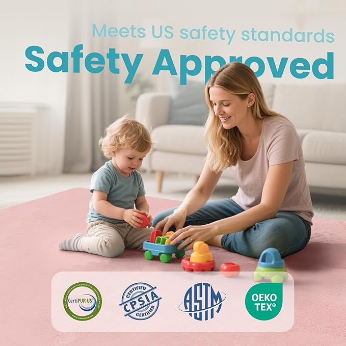 Huloo Sleep Baby Play Mat for Floor,1.3" Thick Elasti-Foam 47"×47" Playpen Mat for Tummy Time,Water Repellent Soft Coral Velvet for Toddler,Infant,Kids,Non-Slip Backing Safe for Crawling（Pink）