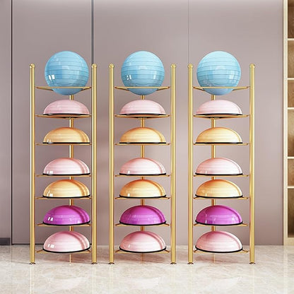 Exercise Half Balance Ball Storage Rack - Home Gym Workout Equipment 3/5/6/7 Tier Floor Stand Storage Organizer for Bosu Slam Bowling Medicine Balls(Gold,5 Layer - 51jin)