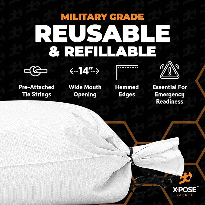 Xpose Safety Heavy Duty Sand Bags with Tie Strings – Empty Woven Polypropylene Sandbags for Hurricane Flood Protection, 100 lb Capacity, 14" x 26", White, Pack of 10