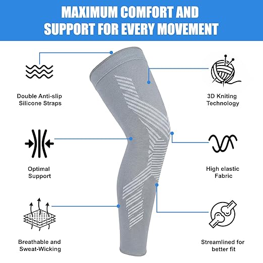 NuCamper Full Leg Compression Sleeves for Men and Women,2 Pack Legs Sleeves Long Knee Brace Support for Running, Basketball, Cycling, Workout, Sports - Gray,M