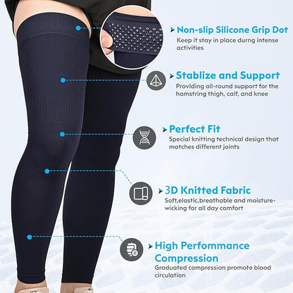 KEKING Full Leg Compression Sleeves, Unisex, Thigh High Compression Stocking 20-30mmHg Graduated Support for Thigh Calf Knee, Running, Basketball, Reduce Varicose Veins and Swelling, Navy Blue XXL