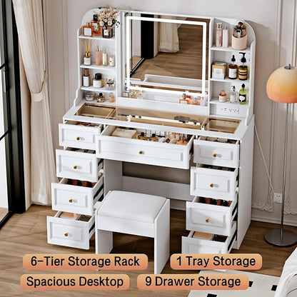 42" Makeup Vanity Desk with Mirror and Lights, & Power Outl, Glass Top Big Vanity Table with 9 Drawers& 8 Storage Shelves, Dressing Table Set with Chair for Bedroom, White