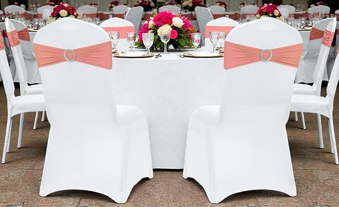 MDS Pack of 75 Spandex Chair Sashes Bow Premium Stretch Chair Cover Band with Buckle Slider Universal fits Elastic Dining Chair Ties for Wedding Party Banquet Events Decoration - Coral Peach