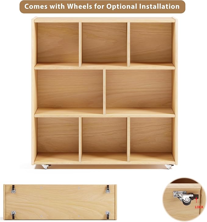3-Tier Montessori Solid Wood Shelves Toy Organizers and Storage,8-Compartment Storage Cabinet with 4 Wheels,for Toddler Kids Room,Playroom,Classroom,Nursery,Kindergarten
