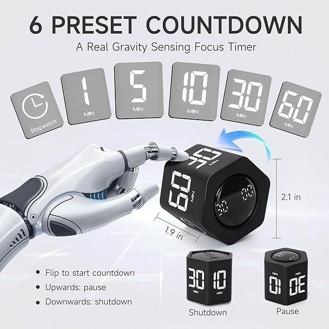 Productivity Timer 1, 5, 10, 30, 60 Minutes Preset, Desk Cube Timer with Gravity Sensor/Mute/Vibration for ADHD, Work, Study, Kitchen, Back to School (Black)