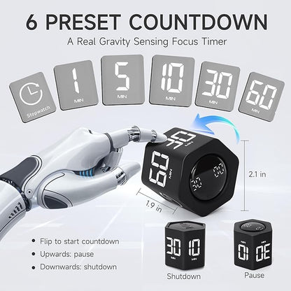Productivity Timer 1, 5, 10, 30, 60 Minutes Preset, Desk Cube Timer with Gravity Sensor/Mute/Vibration for ADHD, Work, Study, Kitchen, Back to School (Black)