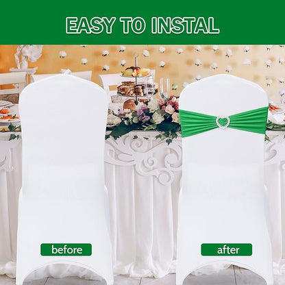 Howhic Pack of 30 Spandex Chair Sashes Bows Stretch Chair Cover Band with Buckle Slider Universal Elastic Chair Ties for Wedding Banquet Party Event Decoration (Emerald)