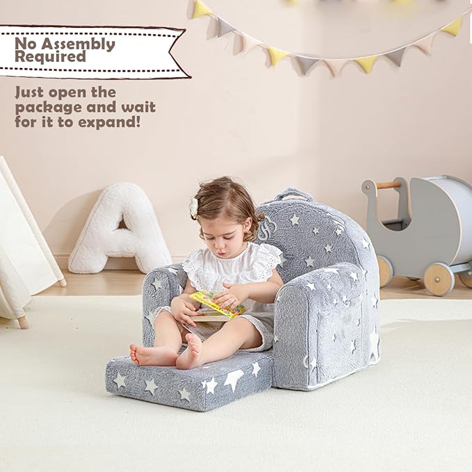 Toddler Chair Comfy,Toddler Couch Fold Out, 2-in-1 Kids Chair,Flip Out Kids Couch,Toddler Sofa Convertible,Children Reading Chair for Age 1-3(Grey Star)