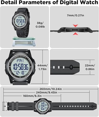 Beeasy Digital Watch for Men Women, 50M Waterproof, Ultra-Thin & Lightweight, 44mm Silicone Sports Watch with Alarm, Stopwatch, Countdown, Ideal for Gym, Running, School, Daily Wear
