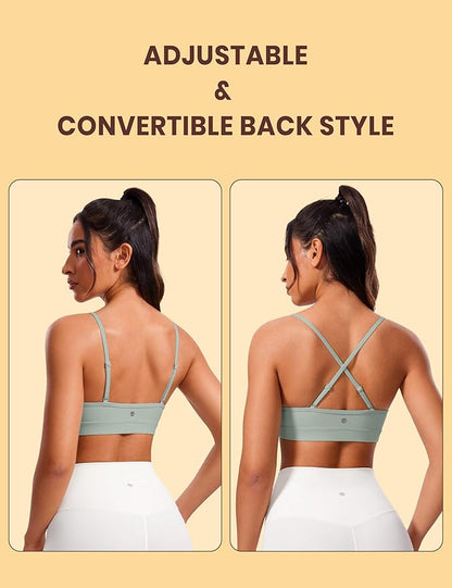 CRZ YOGA Butterluxe V-Neck Sports Bras for Women - Adjustable Thin Straps Padded Yoga Top Basic Wireless Camisole