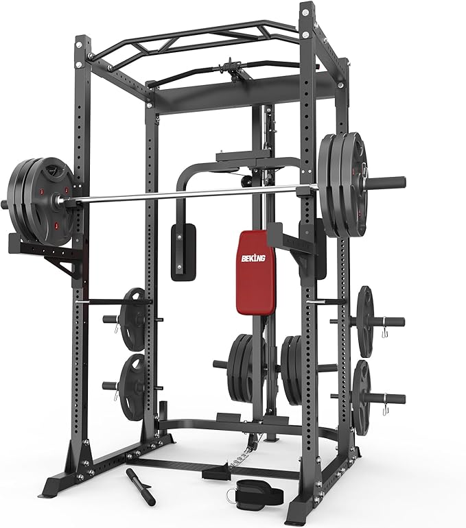 BEKING Power Cage, 2000LBS Power Rack with LAT Pulldown, 2.36" ×2.36" Multi-Functional Squat Rack, Squat Cage with Pulley System and More Training Attachments for Home Gym