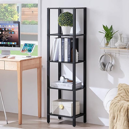 54in Tall Bookshelf 5-Tier Small Narrow Bookcase, Skinny Book Shelf for Small Space, Farmhouse Slim Shelf with Storage, Wood Freestanding Display Thin Bookshelves for Living Room, Office, Black