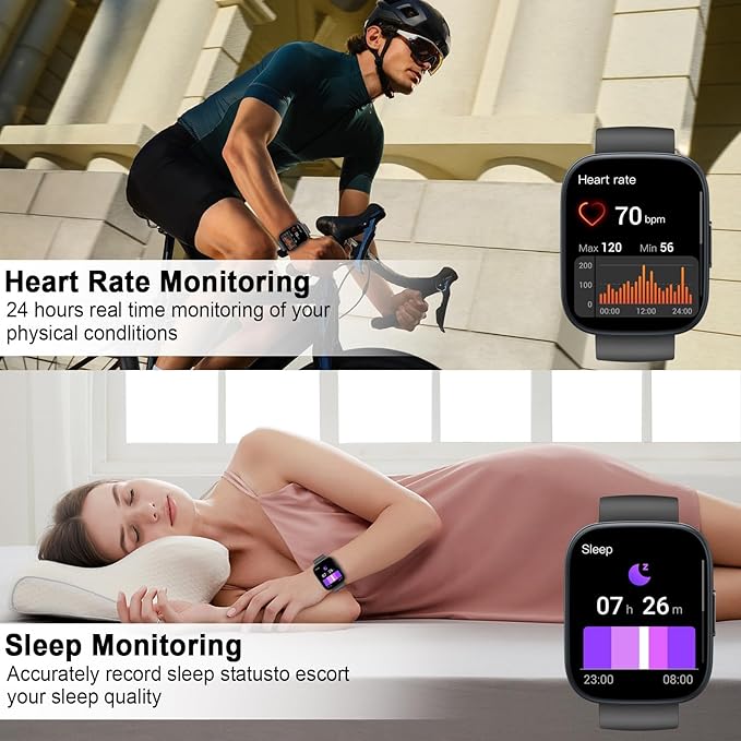 Smart Watch with Alexa Built-in, 1.83" Touchscreen Fitness Tracker with Bluetooth Calling, Fitness Watch with Heart Rate/Sleep Monitor, 120+ Sports, IP68 Waterproof Smartwatch for Android iOS, Ebony
