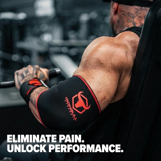 Elbow Sleeves 5mm (1 Pair) - High Performance Elbow Sleeve Support for Weightlifting, Weight Training & Powerlifting - Best Compression Straps - for Men and Women (Medium, Black/Red)