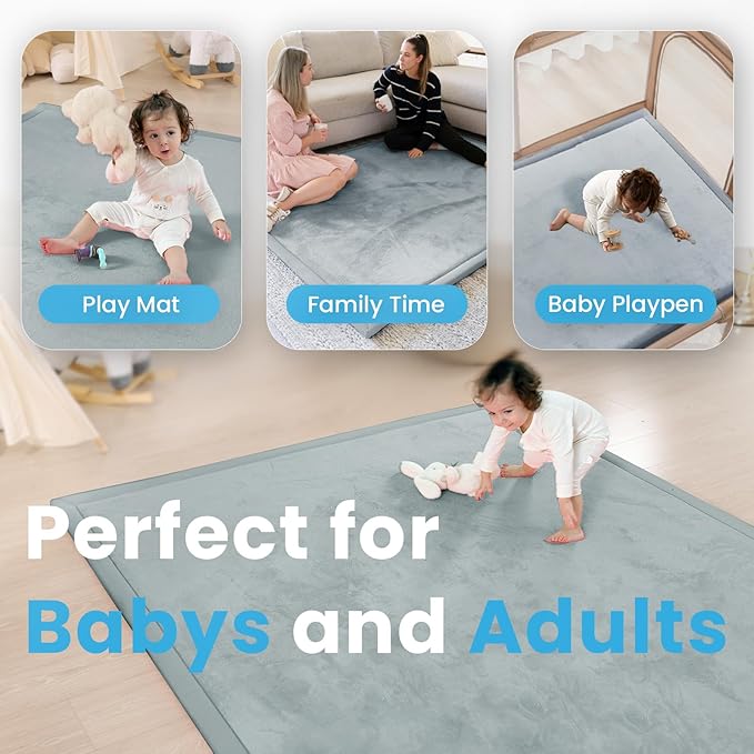 1.3" Thick Baby Floor Play Mat, 50x74 Padded Foam Tummy Time Crawling Mat, Non-Slip Water-Repellent Soft Plush Nursey Area Rug for Playroom Bedroom Living Room (Light Gery)