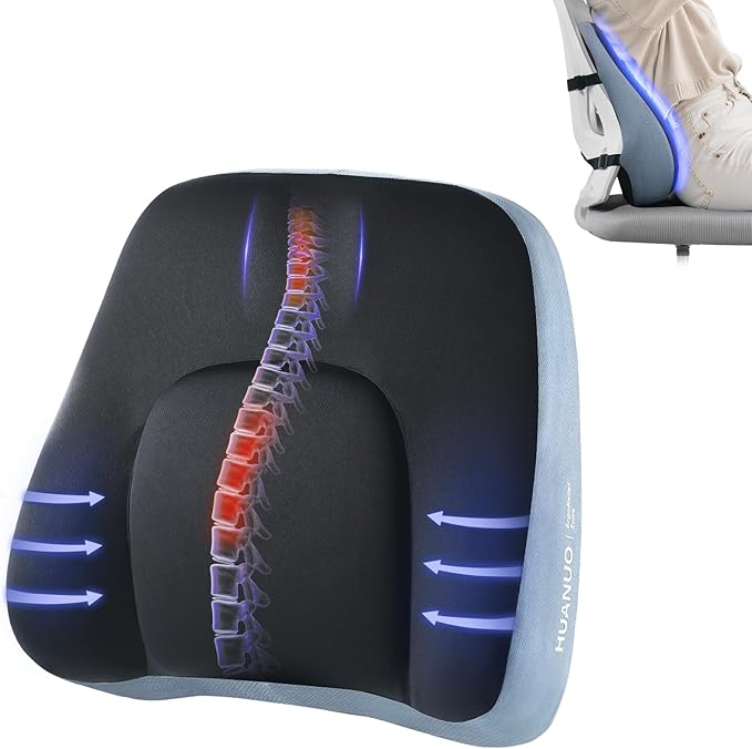 HUANUO Lumbar Support Pillow for Office Chair, Car Back Support Pillow, Memory Foam Back Cushion with Double Adjustable Straps, Ergonomic Posture Corrector for Sitting Comfort
