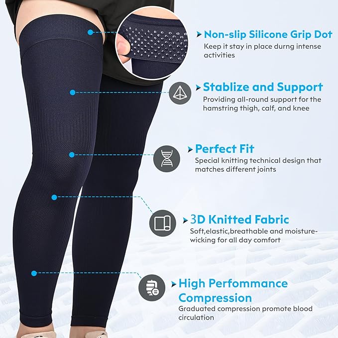 KEKING Full Leg Compression Sleeves, Unisex, Thigh High Compression Stocking 20-30mmHg Graduated Support for Thigh Calf Knee, Running, Basketball, Reduce Varicose Veins and Swelling, Navy Blue M