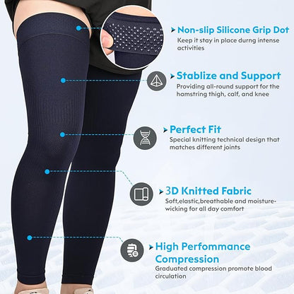 KEKING Full Leg Compression Sleeves, Unisex, Thigh High Compression Stocking 20-30mmHg Graduated Support for Thigh Calf Knee, Running, Basketball, Reduce Varicose Veins and Swelling, Navy Blue M