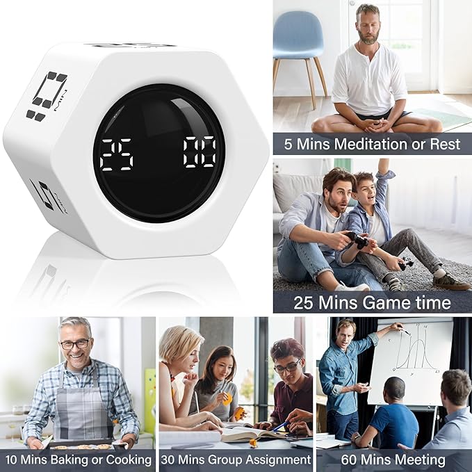 Rotating Pomodoro Timer 5, 25, 10 30,60 Mins Preset Stopwatch, Desk Flip ProductivityTimer, ADHD Tool Hexagon, Vibration/Mute/Alarm, for Work, Study, Back to School, Kitchen, White