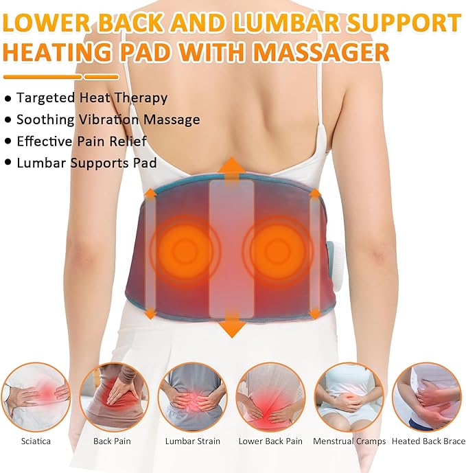 Cordless Back Heating Pad for Back Pain Relief, Massager Vibration Low Noise Upgraded 5000mAh Rechargeable Battery Heating Pad for Back, Heated Wrap for Back, Auto Shut Off