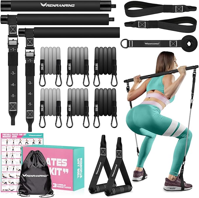 Pilates Bar Kit with Resistance Bands, Multifunctional Pilates Bar for Women & Men with Heavy-Duty Metal Adjustment Buckle, Pilates Home Equipment for Full BodyWorkouts