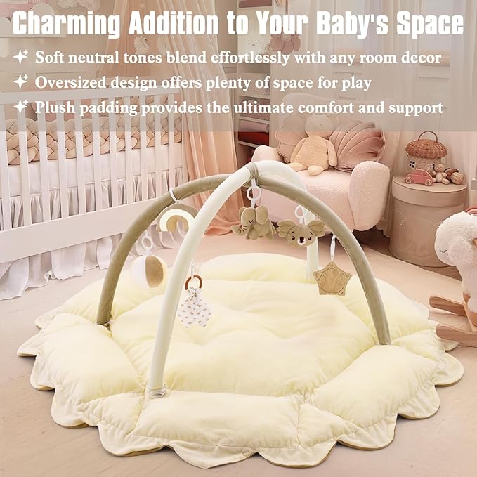 5-in-1 Plush Baby Play Gym, Activity Mat with Convertible Gym, Baby Gym 6 Sensory Toys, Play Center for Newborn to Toddler, Cream