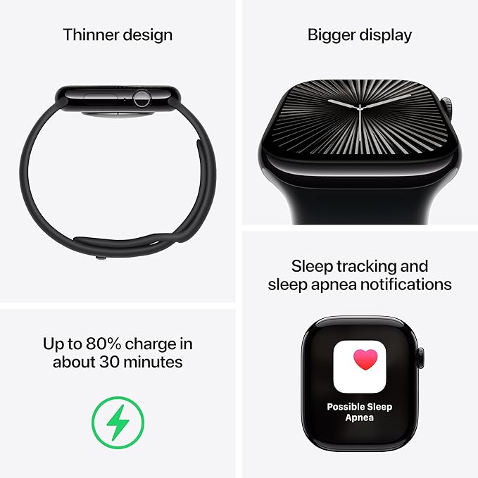 Apple Watch Series 10 [GPS + Cellular 42mm case] Smartwatch with Jet Black Aluminum Case with Black Sport Band - M/L. Fitness Tracker, ECG App, Always-On Retina Display, Water Resistant