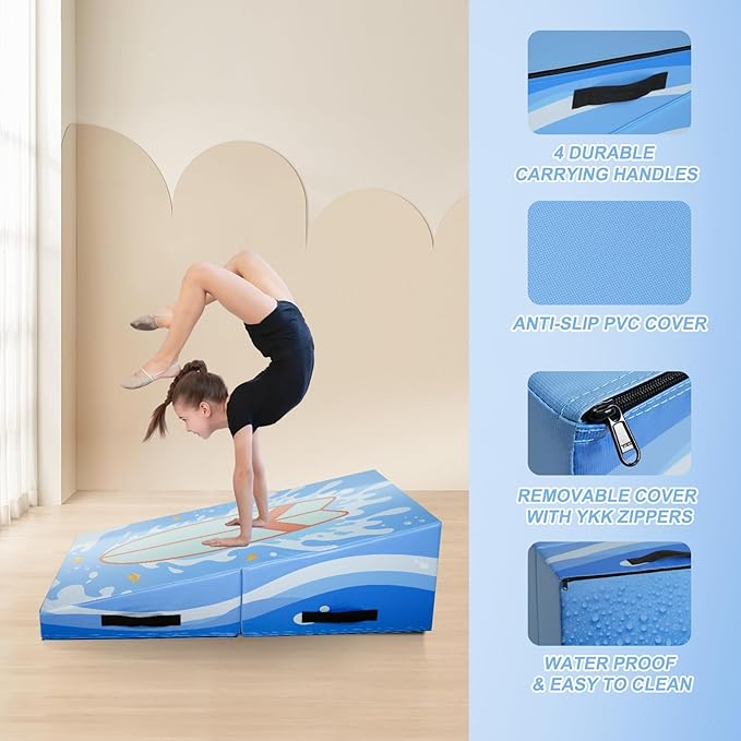 Kangaroo Hoppers Incline Gymnastics Mat, 56"x28"x15" Folding Wedge for Kids Tumbling, Skill Training, Multiple Colors Cheese Mat for Gymnastics, Home Gym Exercise
