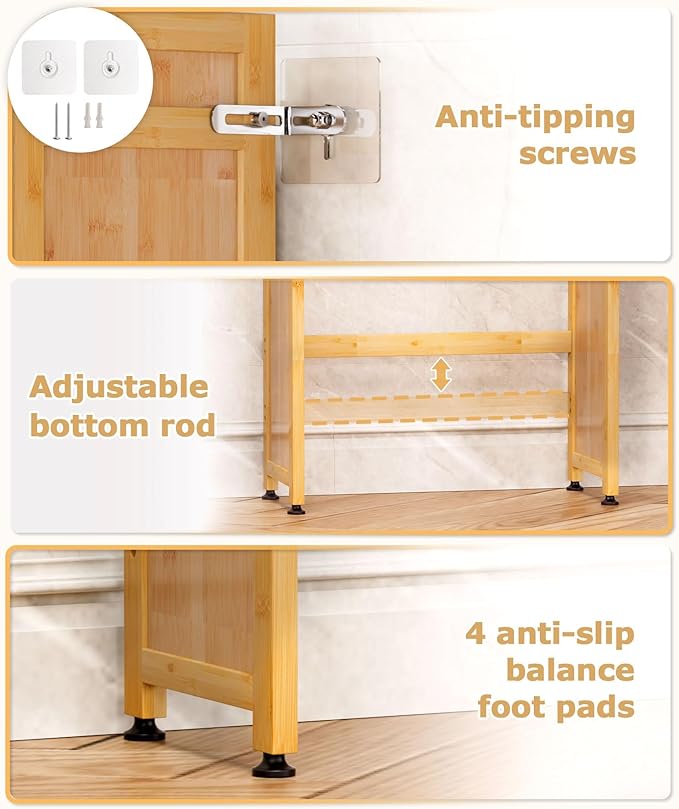 Over The Toilet Storage Cabinet: Bathroom Organizer Shelf with 1 Drawer and 2 Doors - Bamboo Saver Space Freestanding Rack for Restroom