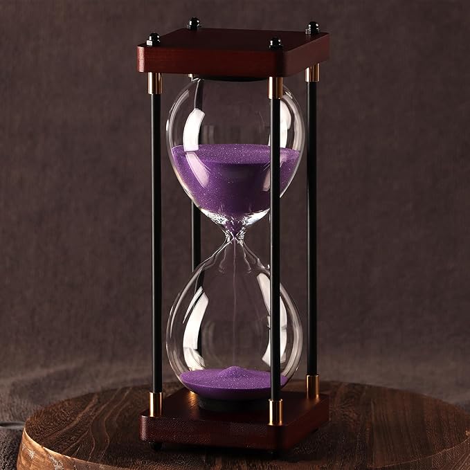60 Minutes Sand Hourglass Timer, Vintage Sand Clock 60 Minutes, Large White Sander with Wooden End Caps, Hour Glass Sandglass Timer for Games Classroom Kitchen Decor (Purple Sand)