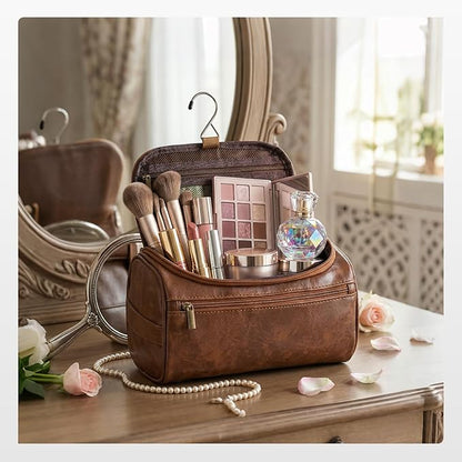 Travel Toiletry Bag for Men, Hanging Hygiene Bag EDC Pouches Small Dopp Kit Water-resistant Mens Shaving Kit Bags PU Leather Toiletry Organizer for Travel Weekend Fitness Hospital Brown