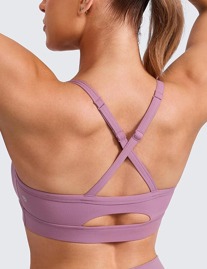 CRZ YOGA Butterlift Cut-Out Cross Back Sports Bras for Women - Medium Impact Adjustable Thin Straps Pilates Padded Gym Tops