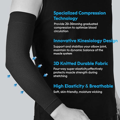 KEKING® Compression Arm Sleeves, Firm 20-30mmHg Graduated Compression Full Arm Support for Recovery, Pain Relief, Tendonitis, Golfers & Tennis Elbow Brace, Workouts Sports - Latex Free Black 3XL