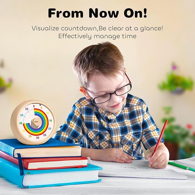 Visual Timer for Kids, 60-Minute Countdown Timer for Classroom Office Kitchen, Desk Timer Kids Time Management Tools with Silent Operation, Pomodoro Time Rainbow Pattern(Khaki)