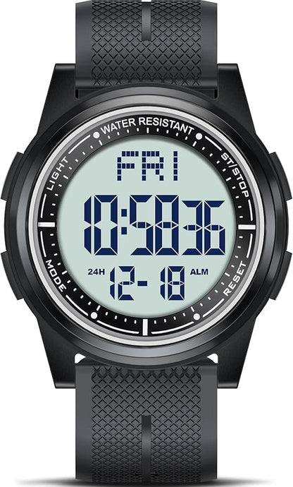 Beeasy Digital Watch for Men Women, 50M Waterproof, Ultra-Thin & Lightweight, 44mm Silicone Sports Watch with Alarm, Stopwatch, Countdown, Ideal for Gym, Running, School, Daily Wear