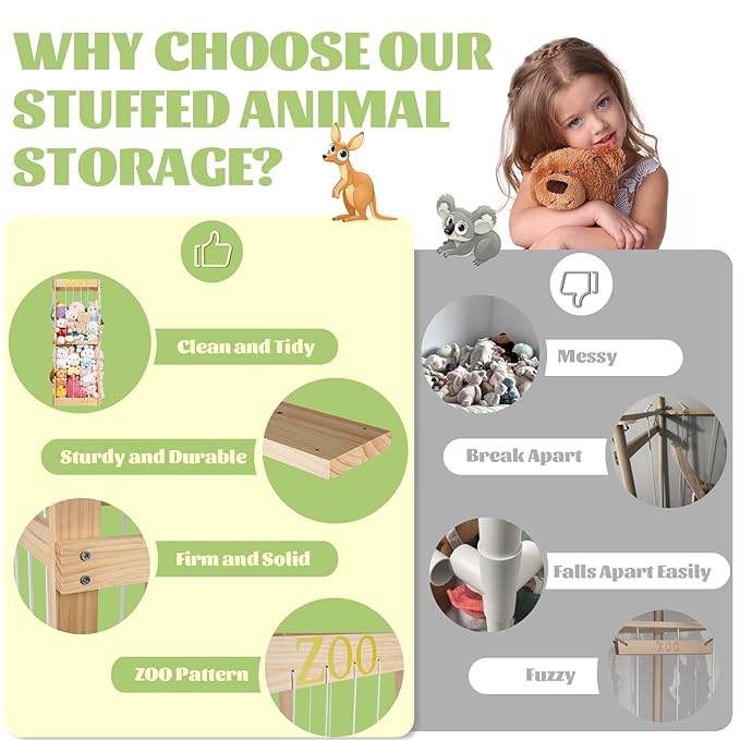 Trycooling Stuffed Animal Zoo Stuffed Animal Storage Wood Plushie Storage Stuffed Animals Zoo Storage Cage with Zoo Pattern Elastic Band for Nursery Play Room Bedroom (Wood)