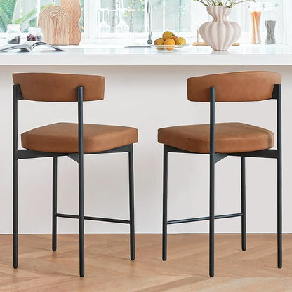 Brown Modern Bar Stools Set of 2, 24 Inch Faux Leather Counter Stools with Curved Backrest, Counter Height Bar Stool for Kitchen Island
