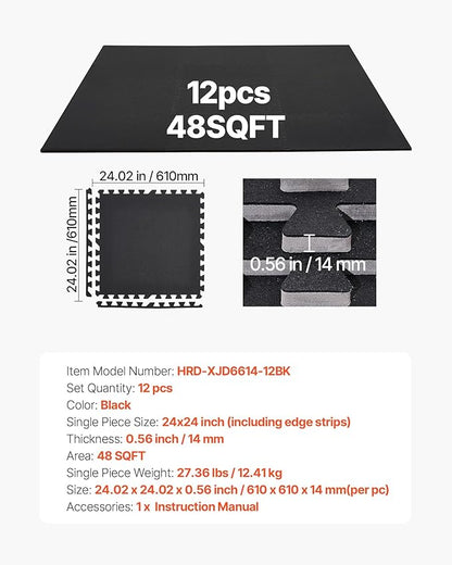 VEVOR 0.56Inch 48sq.ft 12 Tiles Gym Flooring for Home Gym, Rubber Top with High Density EVA Foam, 24 x 24In Gym Floor Exercise Equipment Mats, Interlocking Gym Mats, Puzzle Workout Mats, Black