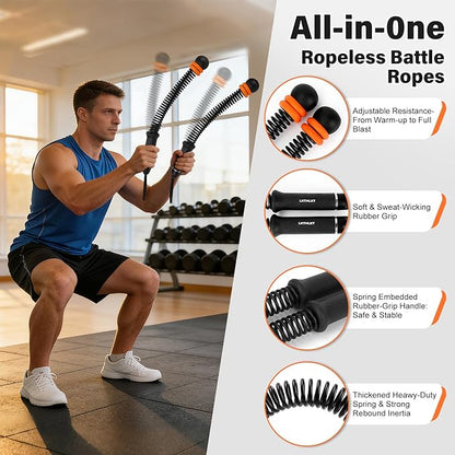 Weighted Ropeless Battle Ropes Adjustable Weight - Portable Cordless Battle Ropes for Home Gym with Workout Poster, Strength Building, HIIT & Low-Impact Cardio Training for Men & Women (Black/Orange)
