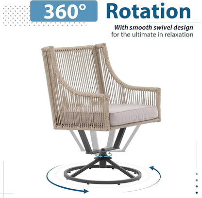 JOIVI Swivel Patio Chairs Set of 2, Outdoor Rattan Dining Chairs with Breathable Cushions, Outdoor Swivel Rattan Chair with Iron Frame for Lawn, Garden, Porch, Backyard, Beige