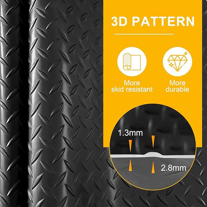 4x10FT Garage Floor Mat, 2.8mm Thickened Flooring Roll for Under Car, Golf Cart Parking Mat, Diamond Plate PVC Rubber Motorcycle Mat, Non-Slip Floor Protector for Garage Warehouse Trailer, Black