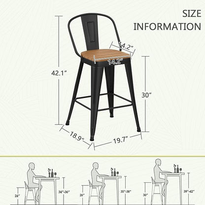 Outdoor Metal Bar Stools Set of 4,30 inch Barstools Counter Height Bar Stool with High Back Farmhouse Kitchen Dining Chairs Bar Funiture for Outside