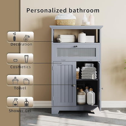 ChooChoo Bathroom Floor Storage Cabinet with Flip Glass Drawer, Bathroom Cabinets Freestanding with 2 Doors Adjustable Shelf & 1 Open Storage for Bathrooms, Living Room, Hallway, Grey