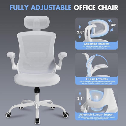 Ergonomic Office Chair with Adjustable Lumbar Support & Headrest, High Back Mesh Desk Chair with Flip-Up Armrests, Breathable & Comfortable Computer Chair for Home, Office & Study –White