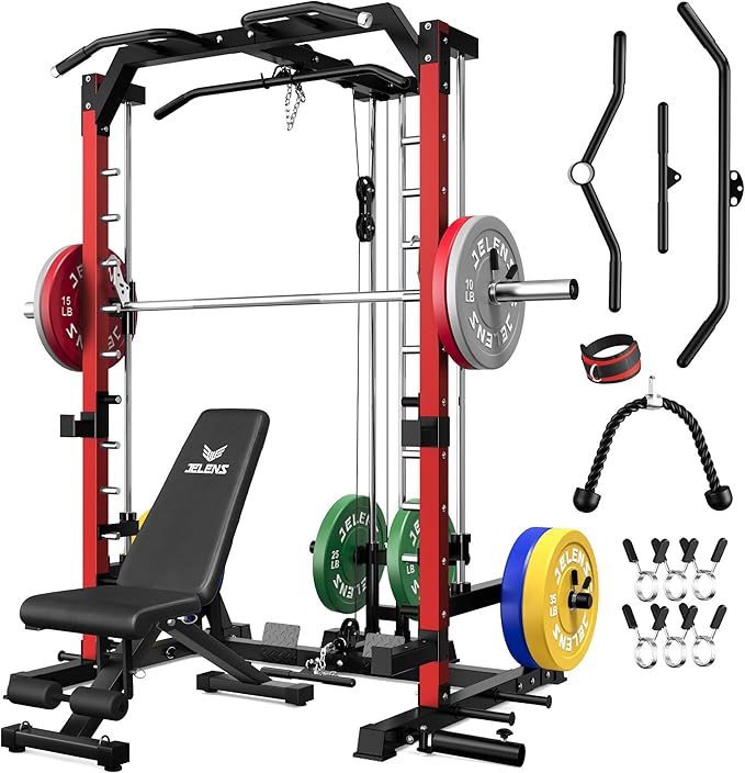 JELENS SR01 Smith Machine, 2000LBS Multi-Function Power Cage with LAT Pulldown System, All-in-One Home Gym Squat Rack with Smith Bar and Training Attachments for Full Body Workouts