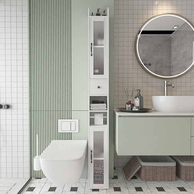 Maupvit Bathroom Storage Cabinet with 2 Frosted Glass Doors, Tall Narrow Storage Cabinet with Doors and Shelves Adjustable, Slim Bathroom Cabinet for Small Spaces, 8 Compartments (White)