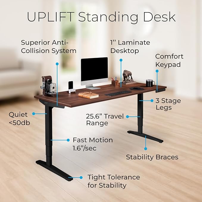 UPLIFTDESK V2 2-Leg Black Laminate Wood Standing Desk – Adjustable Height, Advanced 1-Touch Memory Keypad, Under Desk Cable Management, Wire Grommets & Rocker Board (Black C-Frame, 72 x 30 inch)