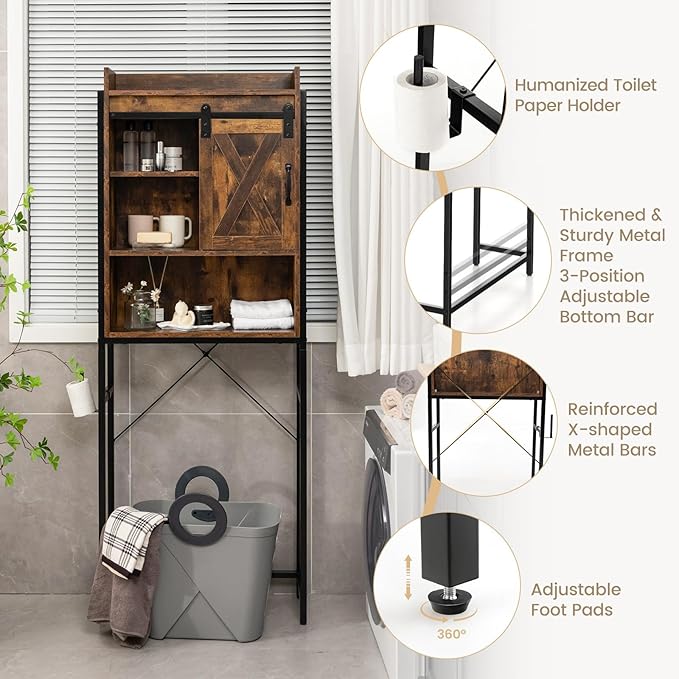 LOKO Over The Toilet Storage Cabinet, Freestanding Bathroom Space Saver with Adjustable Shelves & Sliding Barn Door, 4-Tier Over Toilet Bathroom Organizer, 25 x 9.5 x 67.5 inches (Rustic Brown)