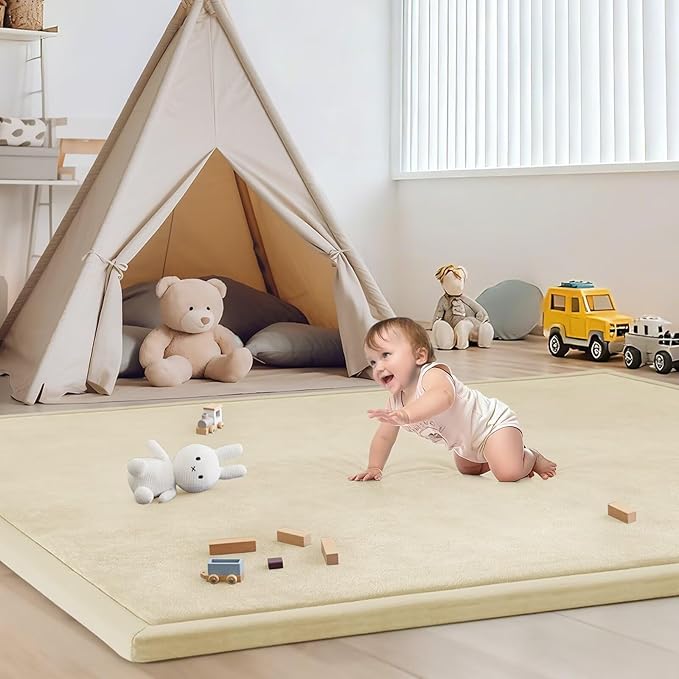 Baby Play Mat for Floor Nursery Rug Muscle Mat Area Rug Playroom Rug 59"x71" Playpen Mat Memory Foam 1.3" Thick Crawling Mat for Babies,Toddlers, Infants, Kids,Light Beige